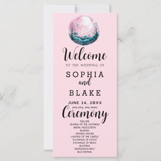 Boho Roze & Witte Volle Maan Roze Huwelijksprogram (Voorkant)