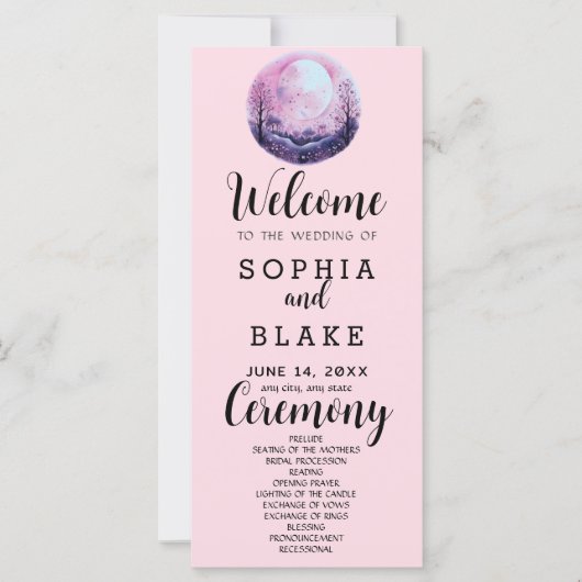 Boho Roze & Witte Volle Maan Roze Huwelijksprogram (Voorkant)
