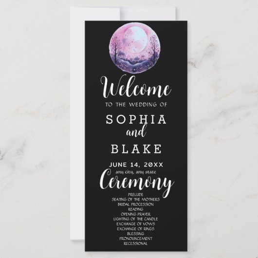 Boho Roze & Witte Volle Maan Zwarte Trouwprogramma (Voorkant)