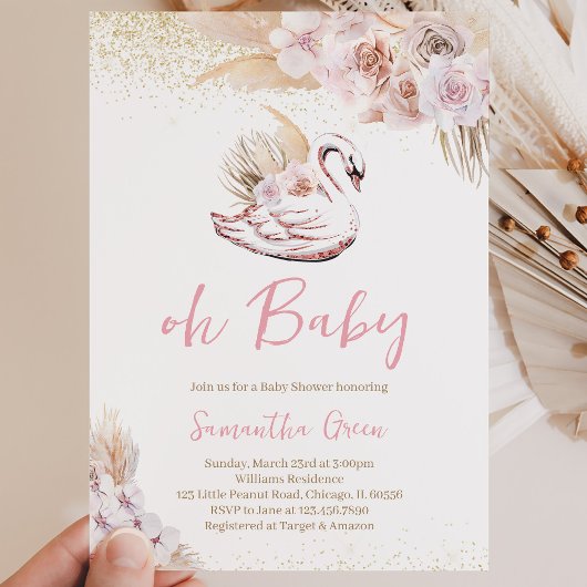 Boho Roze Zwaan Baby Shower Kaart
