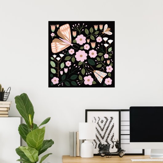 Boho roze zwarte korrelige vlinder poster (Thuiskantoor)