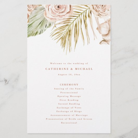 Boho Rozen and Tropical Leaves Wedding Programme