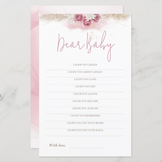 Boho Rozen Baby shower Game Beste Baby-wensen (Voorkant / Achterkant)