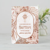 Boho Rozen Bloemen Cross Doop Folie Uitnodiging (Staand Voorkant)