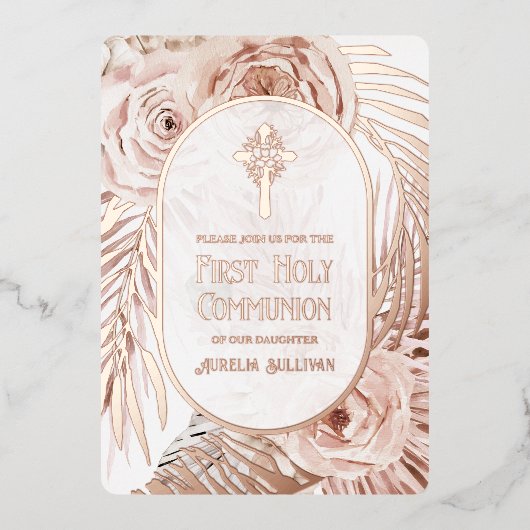 Boho Rozen Bloemenkruis Eerste Heilige Communie Folie Uitnodiging (Voorkant)