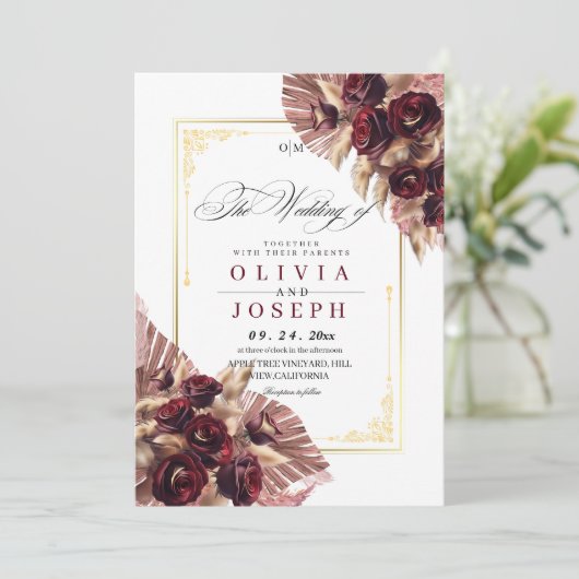 Boho Rozen Bloemrijke Rustieke Bruiloft Kaart (Staand voorkant)