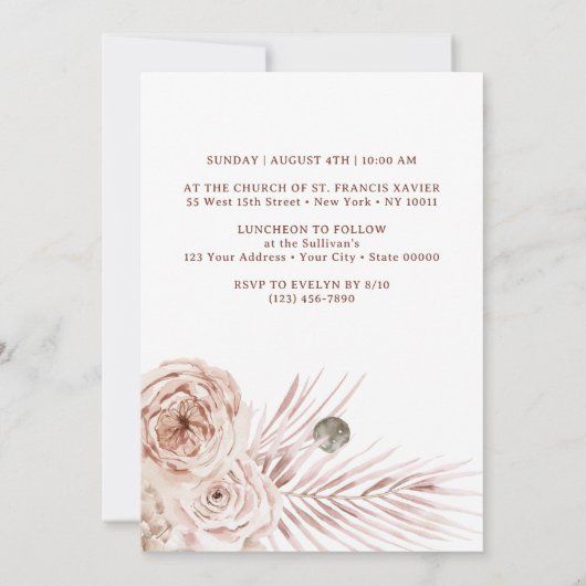 Boho Rozen Boeket Doop Uitnodiging (Achterkant)