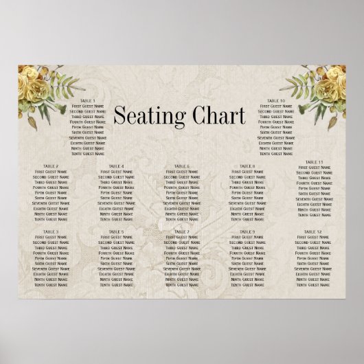 Boho Rozen Crème Damask Rustieke Bruiloft Zitplaat Poster (Voorkant)