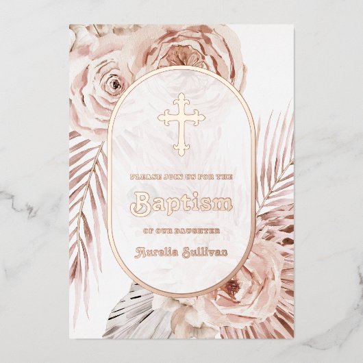 Boho Rozen Doop Folie Uitnodiging (Voorkant)