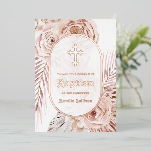 Boho Rozen Doop Folie Uitnodiging (Staand Voorkant)