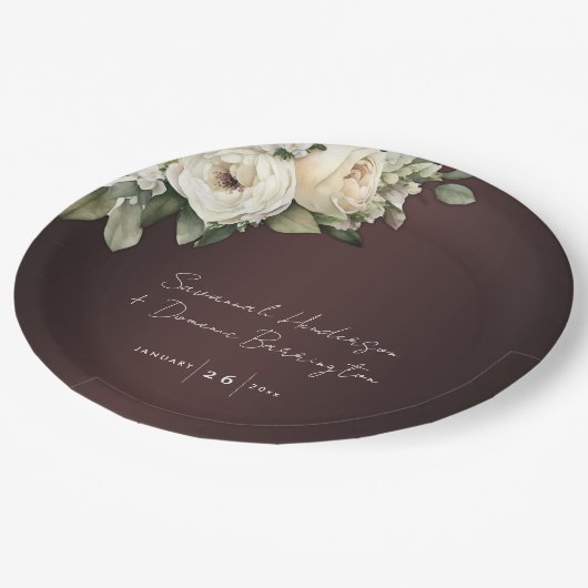 Boho Rozen en Elegante Bourgondische bruiloft Papieren Bordje (Gekanteld)