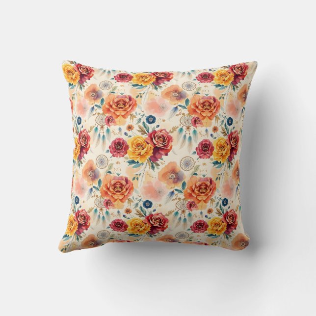 Boho  rozen en veren bloemenpatroon kussen (Achterkant)