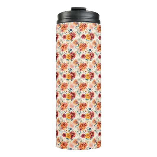 Boho  rozen en veren bloemenpatroon thermosbeker (Voorkant)