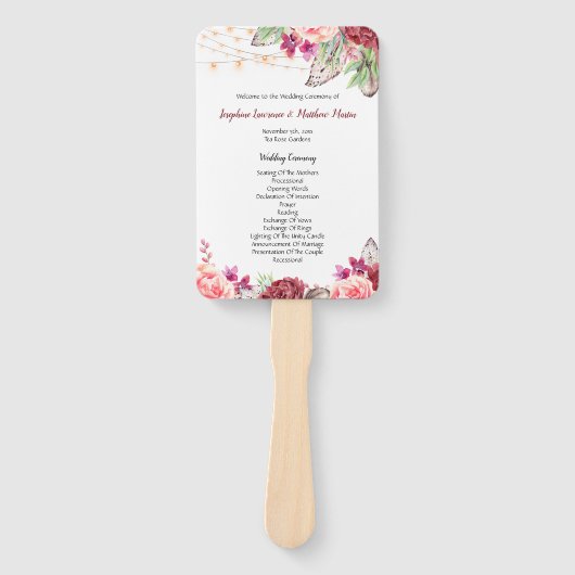 Boho Rozen Feathers Lights Trouwprogramma Handwaaier (Voorkant)