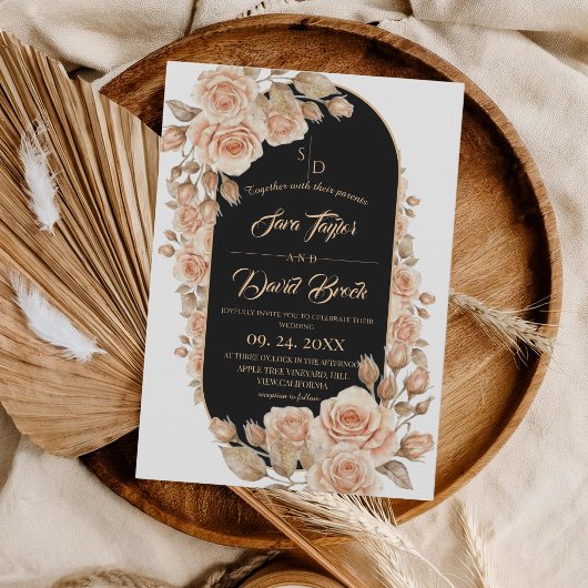 Boho Rozen Gouden Bloem Bruiloft Kaart