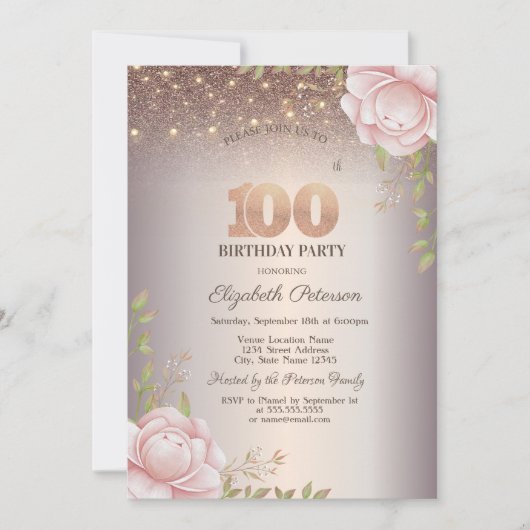 Boho Rozen, Lichtslingers Glitter 100ste Verjaarda Kaart (Voorkant)