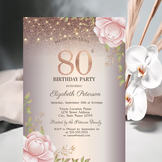 Boho Rozen, Lichtslingers Glitter 80ste Verjaardag Kaart