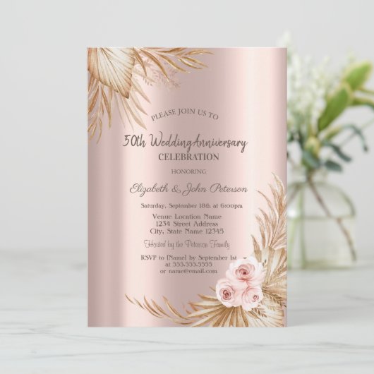 Boho Rozen Pampas Roos Goud Bruiloft Jubileum Kaart (Staand voorkant)