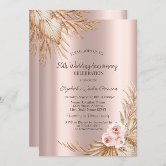 Boho Rozen Pampas Roos Goud Bruiloft Jubileum Kaart (Voorkant / Achterkant)