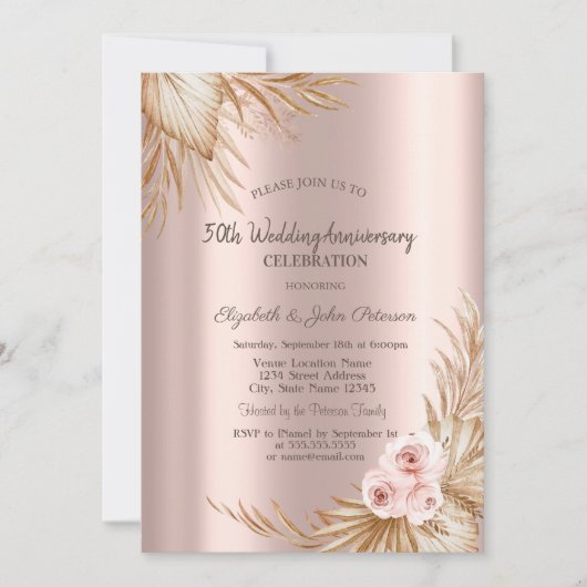 Boho Rozen Pampas Roze Goud Huwelijk Jubileum Kaart (Voorkant)