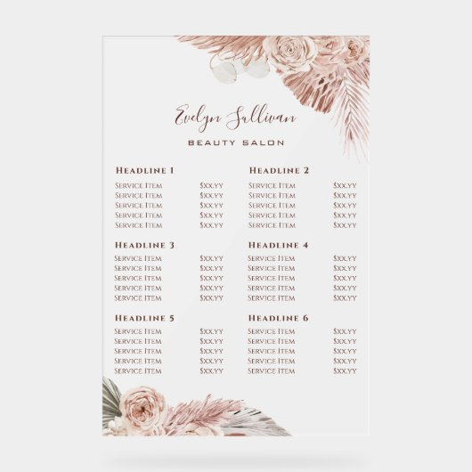 Boho Rozen prijslijst Acryl Bord (Voorkant)