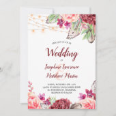 Boho Rozen Veren Lichten Bruiloft Kaart (Voorkant)