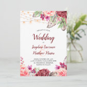 Boho Rozen Veren Lichten Bruiloft Kaart (Staand voorkant)