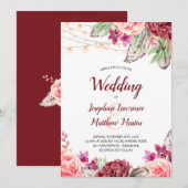 Boho Rozen Veren Lichten Bruiloft Kaart (Voorkant / Achterkant)