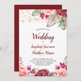 Boho Rozen Veren Lichten Bruiloft Kaart