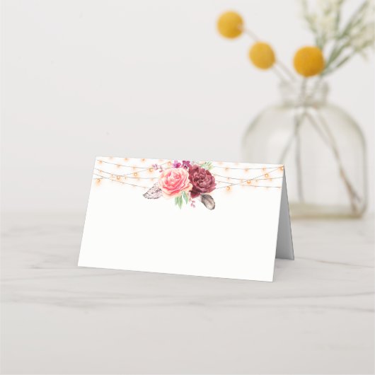 Boho Rozen Veren Lichten Bruiloft Plaatskaartje (Voorkant)