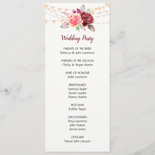 Boho Rozen Veren Lichten Bruiloft Programmakaart (Achterkant)