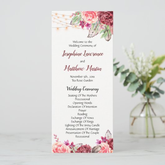 Boho Rozen Veren Lichten Bruiloft Programmakaart (Staand voorkant)