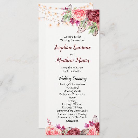 Boho Rozen Veren Lichten Bruiloft Programmakaart (Voorkant / Achterkant)