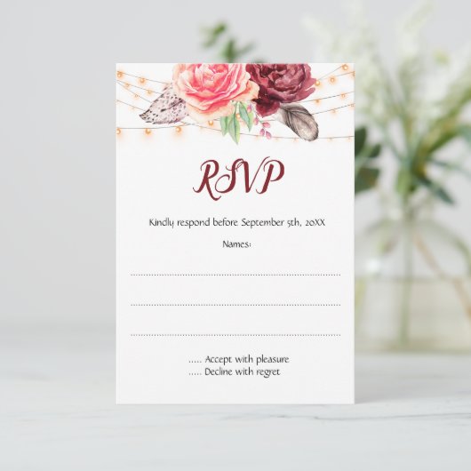 Boho Rozen Veren Lichten Bruiloft RSVP Kaartje (Staand voorkant)