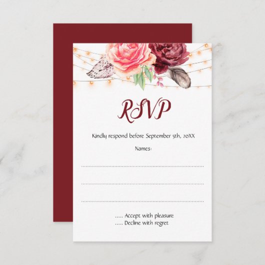 Boho Rozen Veren Lichten Bruiloft RSVP Kaartje (Voorkant / Achterkant)
