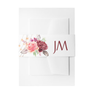 Boho Rozen Veren Lichten Monogram Bruiloft Uitnodigingen Wikkel