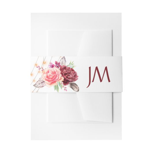 Boho Rozen Veren Lichten Monogram Bruiloft Uitnodigingen Wikkel (Voorkant Voorbeeld)