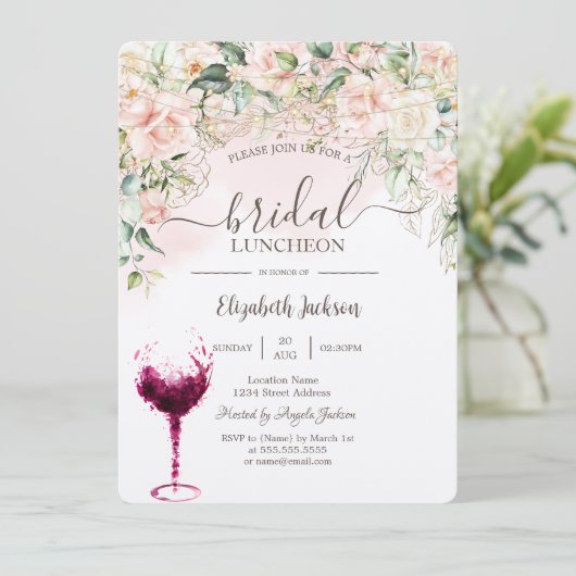 Boho Rozen, wijnglas bruids lunch Kaart (Staand voorkant)