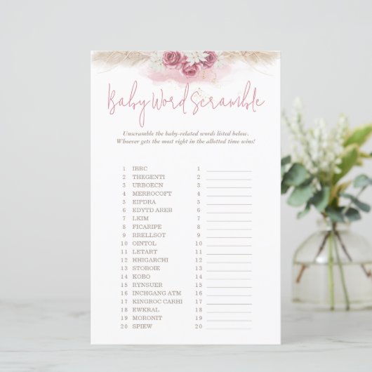 Boho Rozen Word Scramble Animals Baby shower Game (Staand voorkant)