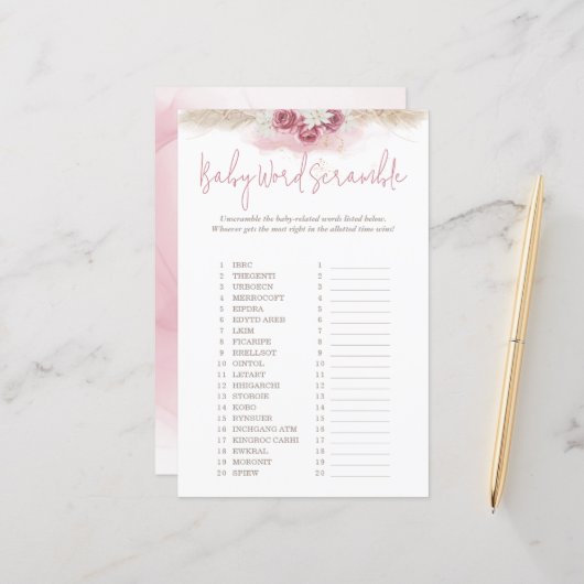 Boho Rozen Word Scramble Animals Baby shower Game (Voorkant / Achterkant in situ)