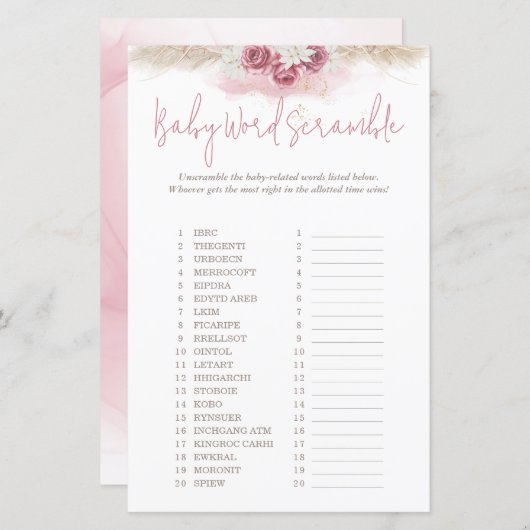 Boho Rozen Word Scramble Animals Baby shower Game (Voorkant / Achterkant)