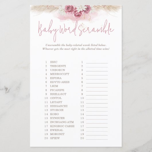 Boho Rozen Word Scramble Animals Baby shower Game (Voorkant)