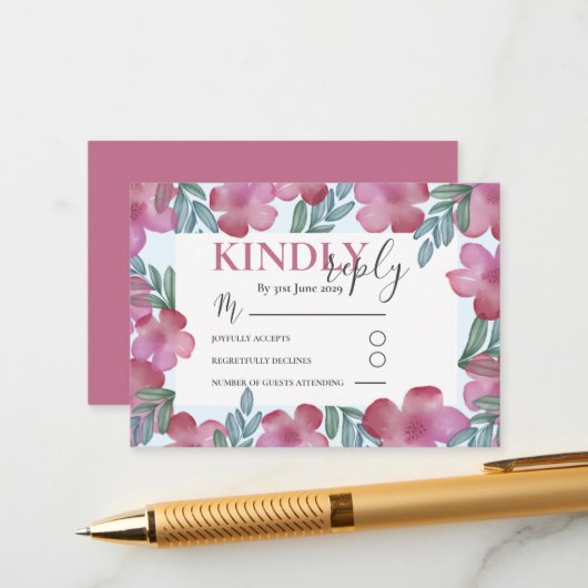 Boho RSVP Blush Pink Floral Waterverf Wedding Informatiekaartje (Voorkant / Achterkant in situ)