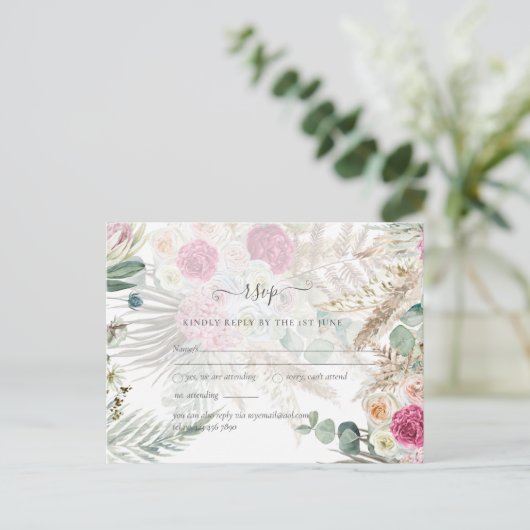 Boho RSVP Roze Bloem Pampas Gras Bruiloft Briefkaart (Staand voorkant)