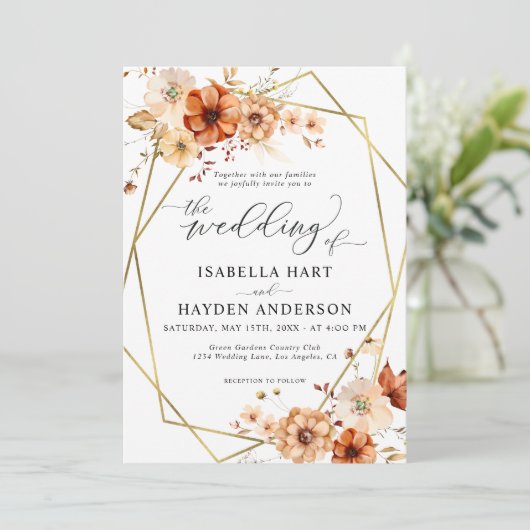 Boho Rust Beige Bloemen Goud Lijst Wedding Kaart (Staand voorkant)