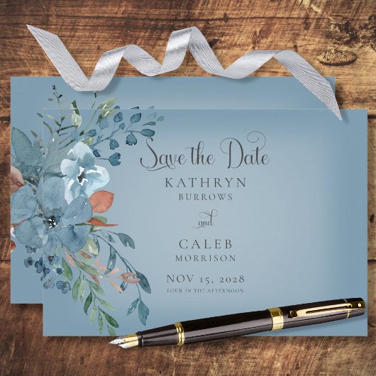 Boho Rust & Blue Floral Save the Date Kaart