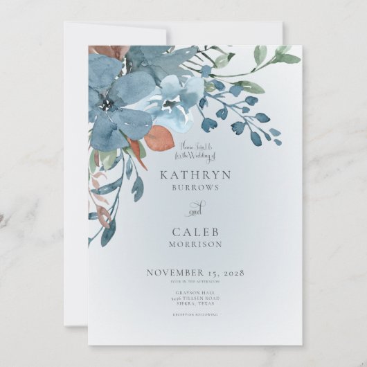 Boho Rust & Blue Floral Wedding Invitation Kaart (Voorkant)