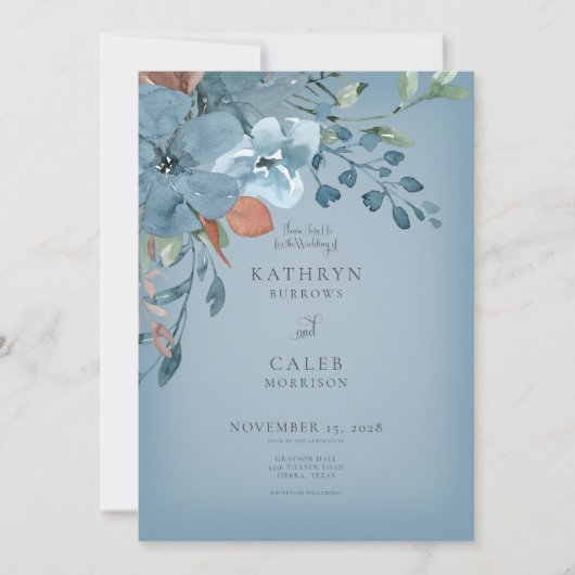 Boho Rust & Blue Floral Wedding Invitation Kaart (Voorkant)