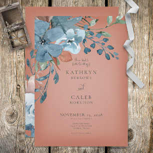 Boho Rust & Blue Floral Wedding Invitation Kaart
