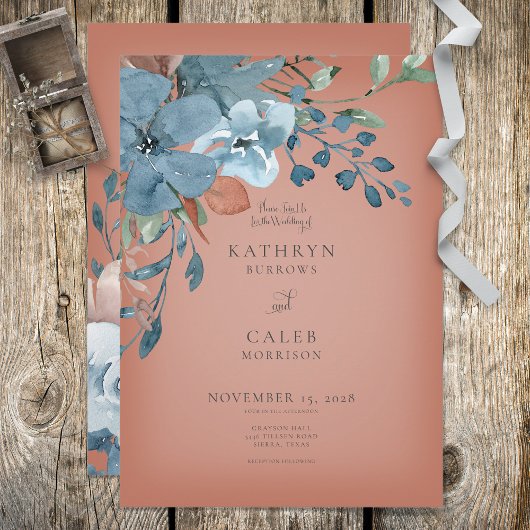 Boho Rust & Blue Floral Wedding Invitation Kaart